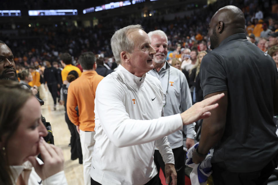 Tennessee coach Rick Barnes acknowledges support after the team's win in an NCAA college basketball game against South Carolina on Wednesday, March 6, 2024, in Columbia, S.C. Tennessee won 66-59 and claimed the Southeastern Conference regular-season title. (AP Photo/Artie Walker Jr.)