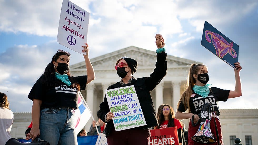 Pro-life activists demonstrate outside the Supreme Court in Washington, D.C., Monday, November 11, 2021 as the court hears oral arguments for Whole Woman’s Health v. Jackson and United States v. Texas regarding the Texas abortion laws.