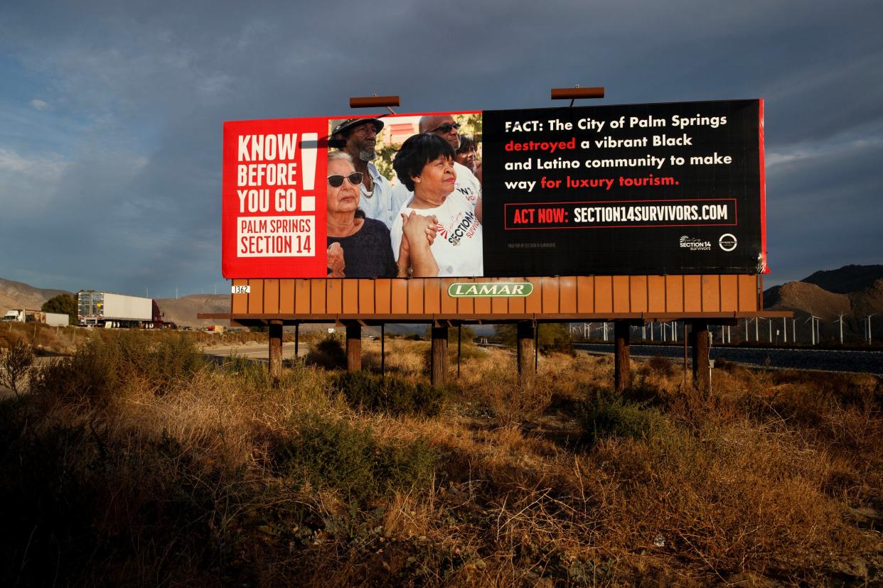 A billboard from the group Section 14 Survivors is visible to eastbound motorists along Interstate 10 in Cabazon, as seen Dec. 11, 2023.