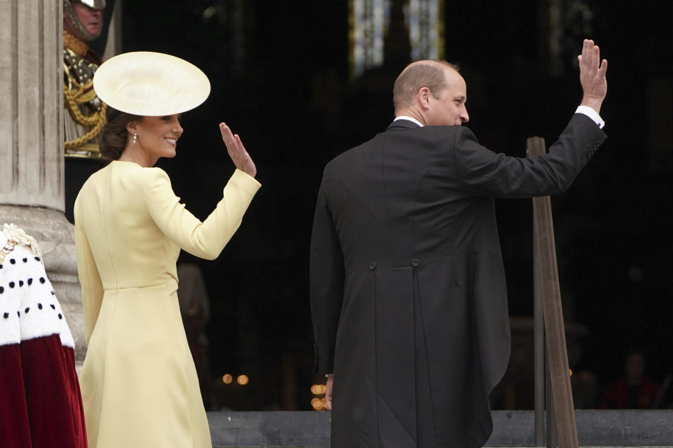 The Duchess of Cambridge and Prince William arrive for a service of thanksgiving for Queen Elizabeth at St. Paul’s Cathedral in London. - Credit: AP