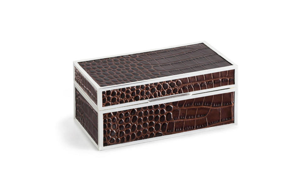 <p>Chapman Box in Cocoa, <a href="http://www.ralphlaurenhome.com/products/tabletop_accents/item.aspx?haid=354&collId=&shaid=&sort=&itemId=34853&phaid=" rel="nofollow noopener" target="_blank" data-ylk="slk:ralphlaurenhome.com;elm:context_link;itc:0;sec:content-canvas" class="link ">ralphlaurenhome.com</a></p>