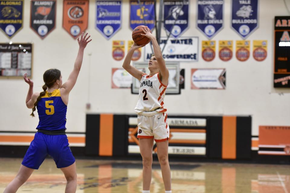 Armada's Ellen Sutton pulls up for a jump shot during the Tigers' 66-37 loss to Imlay City at Armada High School on Tuesday.