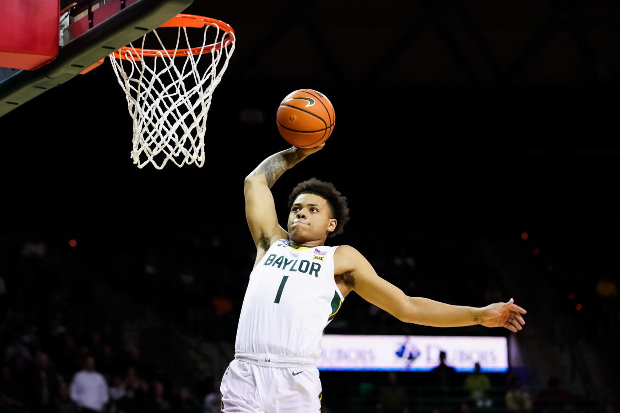 Baylor guard Keyonte George against West Virginia during at February game at Ferrell Center in Waco, Texas. (Raymond Carlin III/USA TODAY Sports)