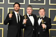 Guillaume Rocheron, Dominic Tuohy and Greg Butler, winners of the Visual Effects award for “1917,” pose in the press room during the 92nd Annual Academy Awards at Hollywood and Highland on February 09, 2020 in Hollywood, California. (Photo by Steve Granitz/WireImage )