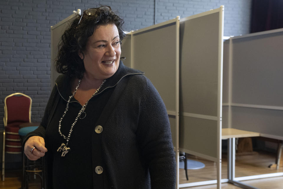 Lawmaker Caroline van der Plas, leader of the populist BBB Farmer Citizen Movement smiles after casting her vote for the provincial elections in Okkenbroek, eastern Netherlands, Wednesday, March 15, 2023. Local elections with national consequences opened Wednesday in the Netherlands as voters cast their ballots for the country's 12 provincial legislatures, which in turn elect the national parliament's upper house. (AP Photo/Peter Dejong)