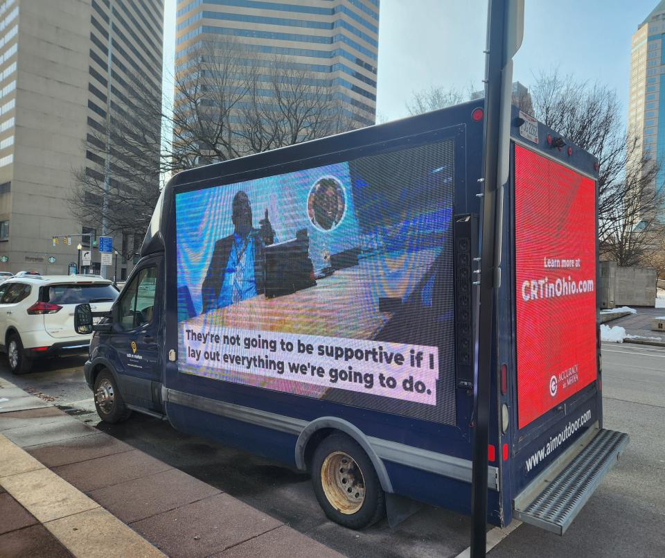 A television van located on Capital Square in January that played the Accuracy in Media video on loop.