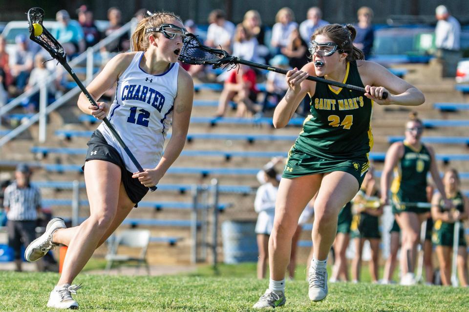 Charter School of Wilmington junior Emma Gaz (12) moves the ball against Saint Mark's junior Danielle DiDomenico (24) during the first-round game in the DIAA Girls Lacrosse Tournament at Charter of Wilmington, Wednesday, May 17, 2023. Charter won 16-9.