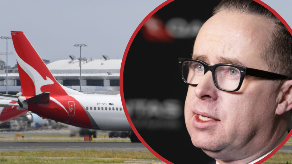 Left: Qantas plane. Right: Qantas chief executive officer Alan Joyce looks concerned.