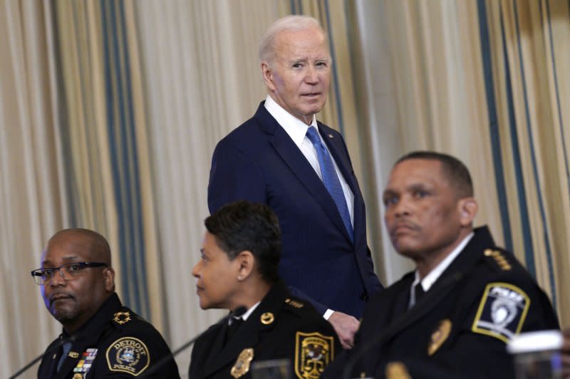 President Joe Biden meets with police chiefs Wednesday in the State Dining Room at the White House in Washington, D.C., to discuss his administration's success in fighting crime. Photo by Yuri Gripas/UPI