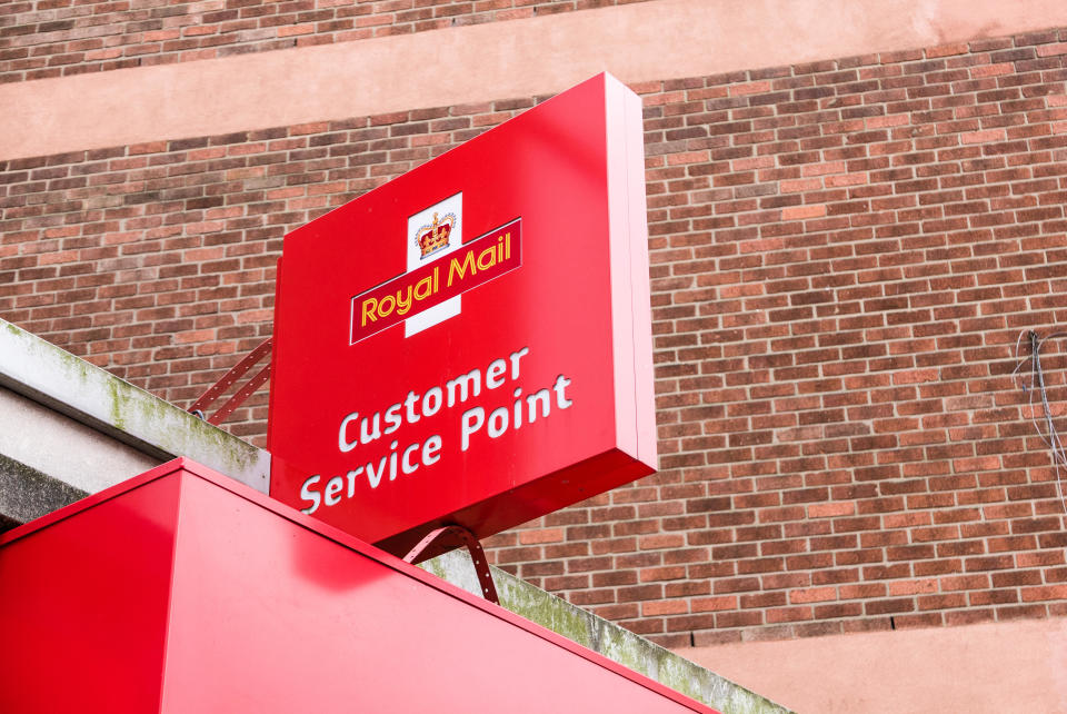 Sign for the customer service point in a Royal Mail regional sorting office.