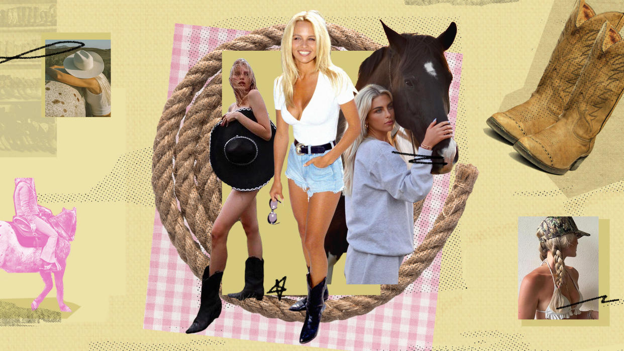 Horse girls say pulling off the coastal cowgirl aesthetic is all about investing in quality cowboy boots and denim. (Illustration by Maayan Pearl for Yahoo; Photos: Getty Images, @DairyBoy/Instagram)