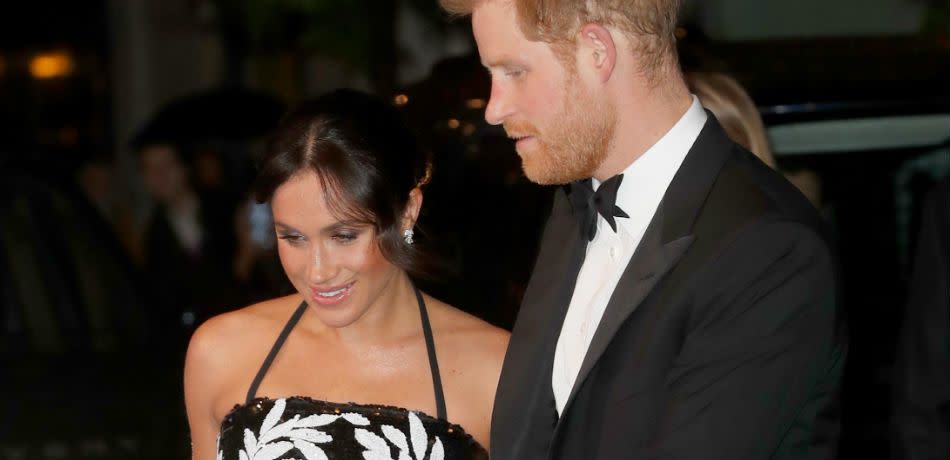 The Duke and Duchess of Sussex arrive at The Royal Variety Performance 2018 at London Palladium on November 19, 2018 in London, England