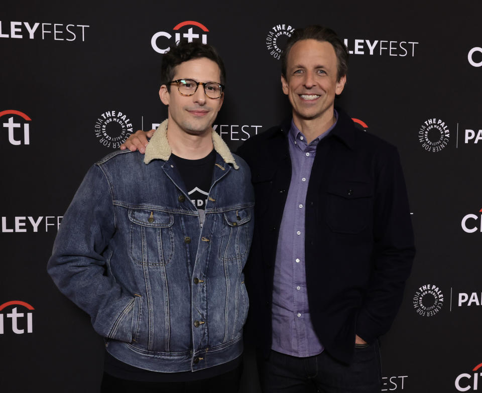 Andy Samberg (L) and Seth Meyers arrive at PaleyFest LA 2024