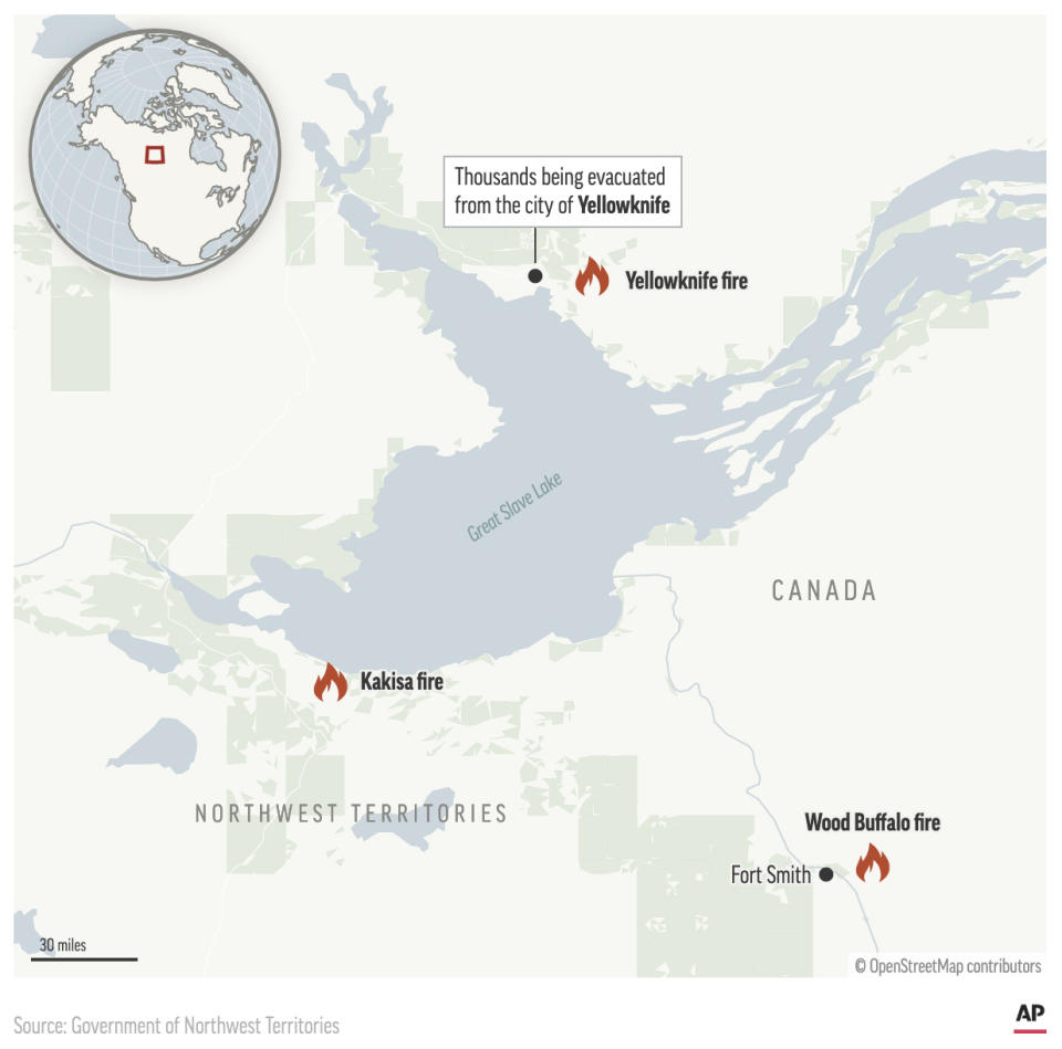 Evacuations have begun in the city of Yellowknife, located in the Canadian Northwest Territories. The fire had moved to within 9 miles from the city as of August 18, 2023. (AP Digital Embed)