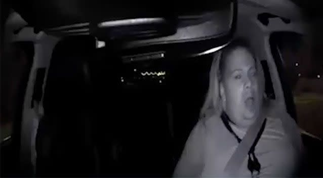 An interior camera captured the operator's horrified expression as the car ploughed into the woman. Source: Tempe Police