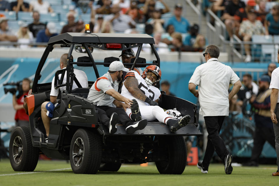 JACKSONVILLE, FL - AUGUST 12: Cleveland Browns center Nick Harris (53) is carted off the field during the game between the Cleveland Browns and the Jacksonville Jaguars on August 12, 2022 at TIAA Bank Field in Jacksonville, Fl. (Photo by David Rosenblum/Icon Sportswire via Getty Images)