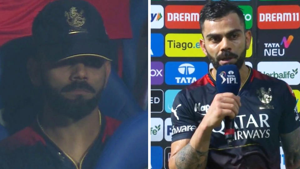 Virat Kohli looking sad in the dug out and Kohli speaking to reporters.