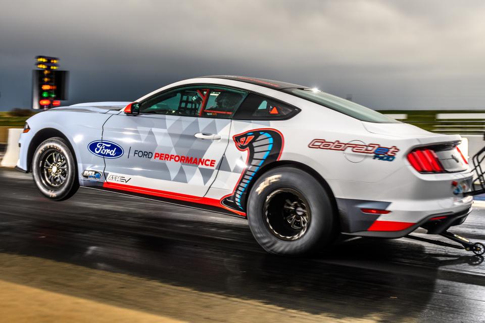 Engineered to shatter towering performance goals without using a drop of fuel, the all-electric Ford Mustang Cobra Jet 1400 prototype has blazed through a quarter-mile in 8.27 seconds at 168 miles per hour and reached 1,502 peak wheel horsepower in recent private development testing.