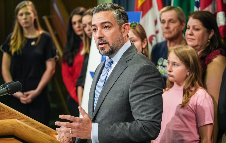 Senator César J. Blanco speaks during a press conference to bring awareness to Senate Bill SD29. Senator César J. Blanco says that he wants to make sure that everyone in the state of Texas has access to quality healthcare during the state's healthcare workforce shortage.