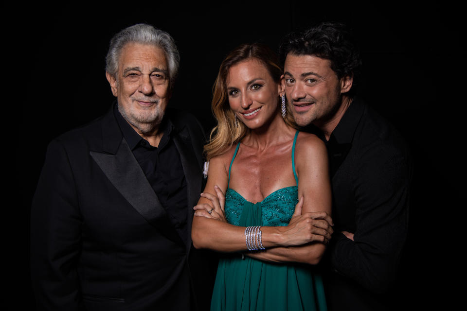 Placido Domingo, Beatrice Venezi and Vittorio Grigolo at the Deadline Studio at Taormina Film Festival held at Teatro Antico on June 24, 2023 in Taormina, Italy. Photo courtesy of Vianney La Caer.