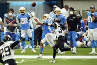 Los Angeles Chargers wide receiver Jalen Guyton (15) catches a touchdown past in front of Jacksonville Jaguars cornerback Tre Herndon during the second half of an NFL football game Sunday, Oct. 25, 2020, in Inglewood, Calif. (AP Photo/Alex Gallardo )