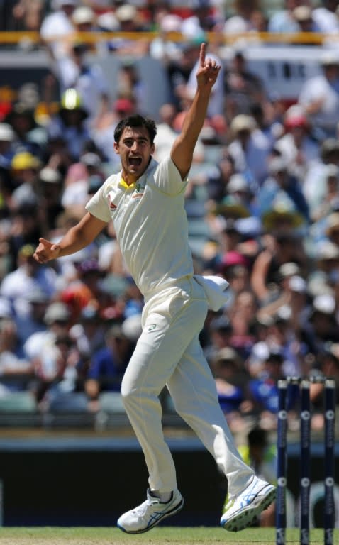 Australia's Mitchell Starc appeals and is eventually successful for the dismissal of England's Mark Stoneman on day one of their third Ashes Test match, in Perth, on December 14, 2017