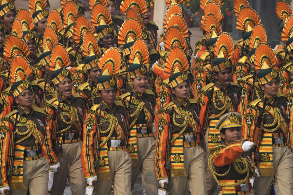 Indian defense forces march on the ceremonial street Kartavyapath during India's Republic Day parade celebrations in New Delhi, India, Friday, Jan. 26, 2024. (AP Photo/Manish Swarup)