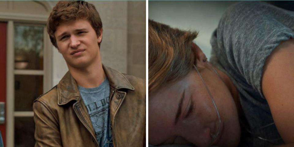 Augustus wearing the gray t-shirt, Hazel crying in her bed.