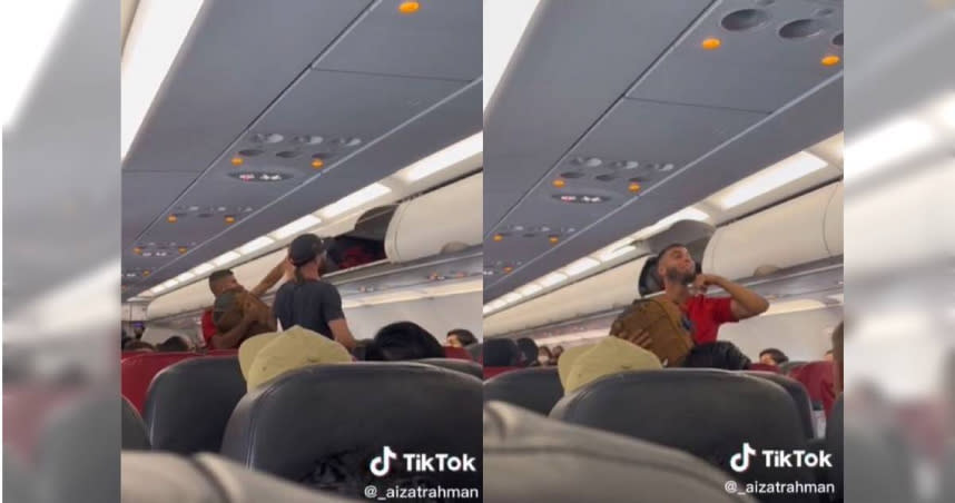 一名網友在搭飛機的時候，目睹2名男子和空服人員發生爭執，在機長明令拒載後，竟然對機組人員做出「斬首」的威脅手勢。（圖／翻攝自TikTok／@_aizatrahman）