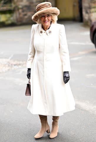 <p>Samir Hussein/WireImage</p> Queen Camilla before the Royal Maundy Service at Worcester Cathedral on March 28, 2024.