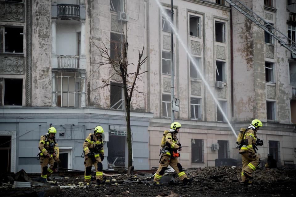 Firefighters are extinguishing a fire that broke out in a building after a Russian missile attack in Kyiv, Ukraine, on March 21, 2024. (Tanya Dzafarowa/Suspilne Ukraine/JSC "UA: PBC"/Global Images Ukraine via Getty Images)