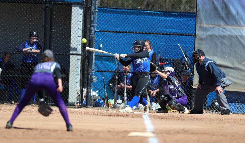 Pearl River's Grace Scrima (9) connects with a pitch for a homerun during their 12-1 win over Clarkstown North in softball action at Pearl River High School in Pearl River on Wednesday, April 20, 2022.