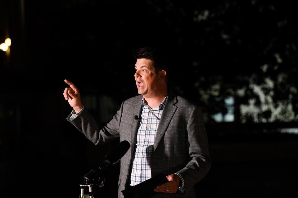 Democratic gubernatorial primary candidate, Jason Martin, gives a speech outside the Legislative Plaza in Nashville, Tenn., Thursday, Aug. 4, 2022.