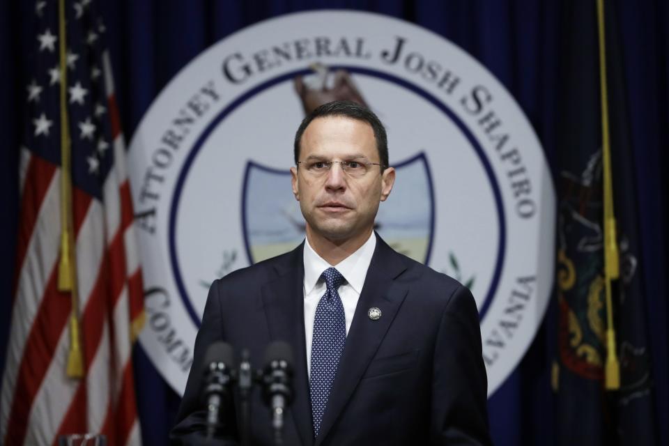 At the Capitol in Harrisburg on Aug. 14, 2018, Pennsylvania Attorney General Josh Shapiro speaks during a news conference on the release of his office's grand jury report on clergy sex abuse in the Roman Catholic Church in Pennsylvania.