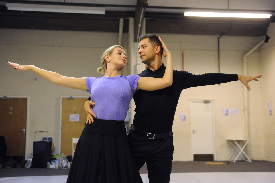 Rachel Riley and Pasha Kovalev rehearse their waltz at Ace Dance & Music, Birmingham ahead of their first dance on Strictly Come dancing.   (Photo by Joe Giddens/PA Images via Getty Images)