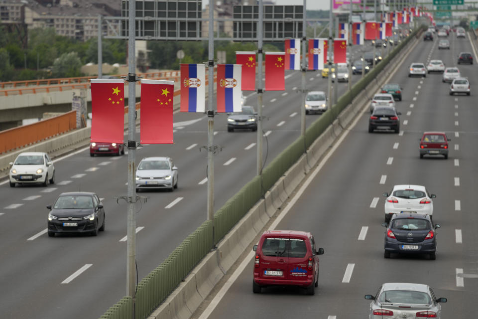 Chinese and Serbian flags fly on lampposts, days before the visit of Chinese President Xi Jinping in Belgrade, Serbia, Wednesday, May 1, 2024. Chinese leader Xi Jinping's visit to European ally Serbia on Tuesday falls on a symbolic date: the 25th anniversary of the bombing of the Chinese Embassy in Belgrade during NATO's air war over Kosovo. (AP Photo/Darko Vojinovic)