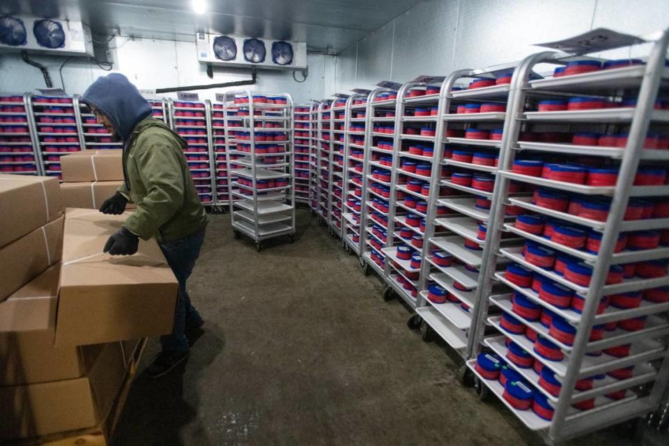 Caviar lines the shelves for delivery at Sterling Caviar in Elverta on Dec. 19. Sacramento County produces more than 80% of the United States’ domestic caviar.