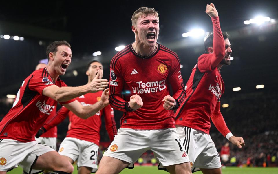 Rasmus Hojlund celebrates scoring the winner against Aston Villa and his first Premier League goal