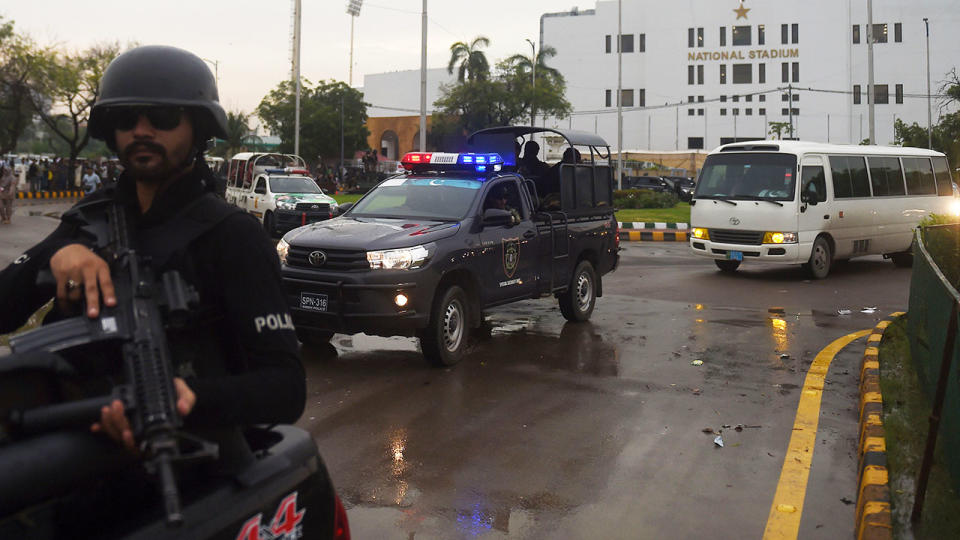 Soldiers, pictured here escorting the vehicles carrying Sri Lankan and Pakistani cricketers.