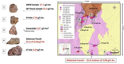 Figure 6: El Polo-Dolorosa - Plan map showing geology, selected gold assay results and associated rock specimens collected at site. (CNW Group/Angel Wing Metals Inc.)