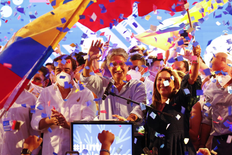 Guillermo Lasso, presidential candidate of Creating Opportunities party, CREO, celebrates after a presidential runoff election at his campaign headquarters in Guayaquil, Ecuador, Sunday, April 11, 2021. With most of the votes counted Lasso, a former banker, had a lead over economist Andres Arauz, a protege of former President Rafael Correa.(AP Photo/Angel Dejesus)