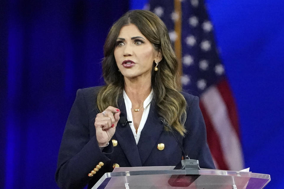 South Dakota Gov. Kristi Noem, speaks at the Conservative Political Action Conference (CPAC) Friday, Feb. 25, 2022, in Orlando, Fla. (AP Photo/John Raoux)