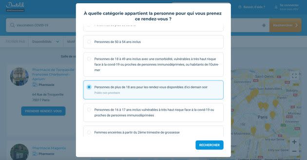 Avant le discours de Macron, record de rendez-vous pour une 3e dose (capture d'écran du site de Doctolib). (Photo: Doctolib)