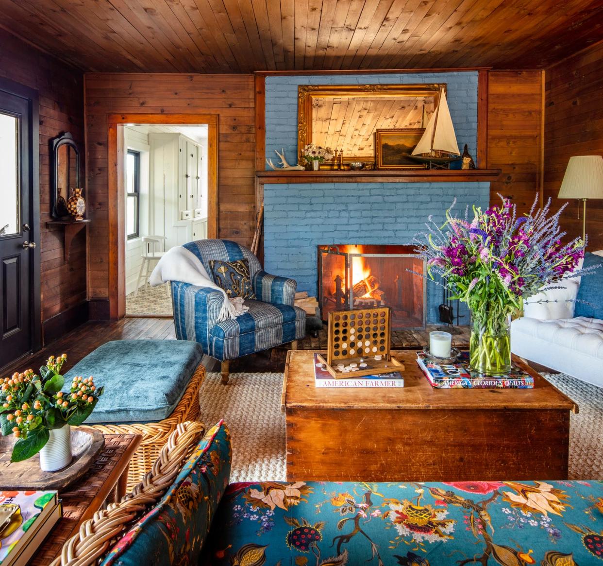 blue brick fireplace in rustic farmhouse living room