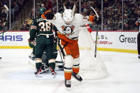 Anaheim Ducks center Trevor Zegras celebrates after scoring against the Minnesota Wild during the second period of an NHL hockey game Saturday, Dec. 3, 2022, in St. Paul, Minn. (AP Photo/Craig Lassig)