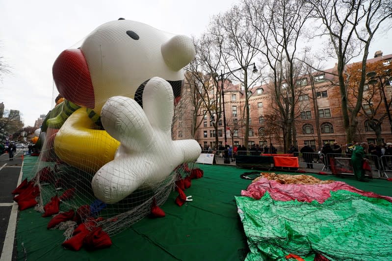 The Macy's Thanksgiving Day Parade Wimpy Kid balloon stands inflated in New York