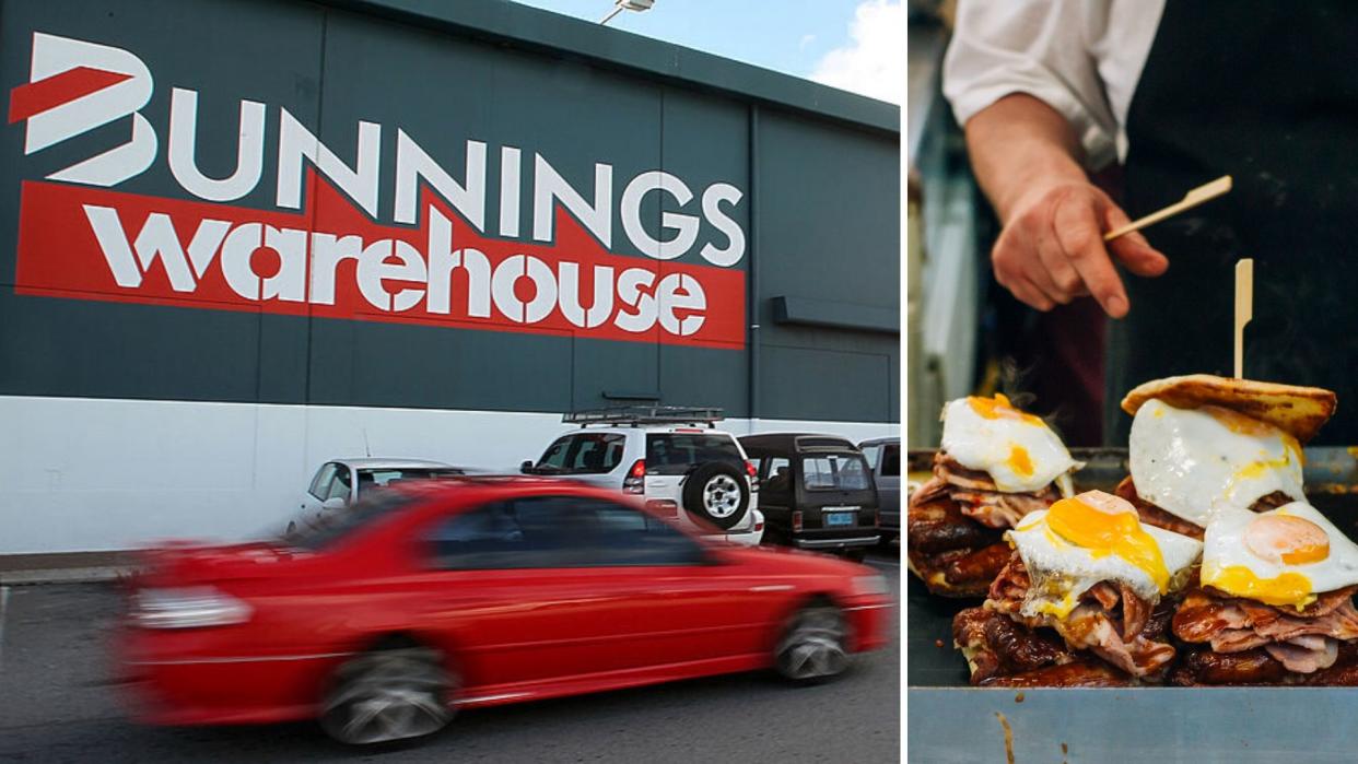 Bunnings Warehouse building on left and bacon and egg rolls on the right. 