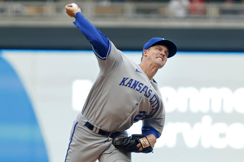 Kansas City Royals starting pitcher Zack Greinke throws to a Minnesota Twins batter during the first inning of a baseball game Thursday, April 27, 2023, in Minneapolis. (AP Photo/Bruce Kluckhohn)