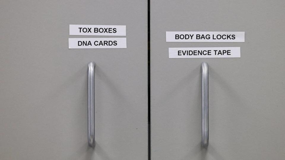 A cabinet stores supplies for autopsies at the San Luis Obispo County Sheriff-Coroner’s Office, seen here on Feb. 16, 2023.