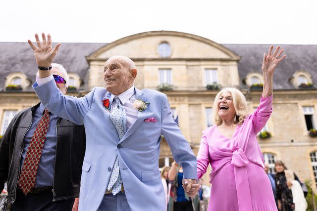 <p>Casey Sykes/Rank Studios</p> Harold Terens and Jeanne Swerlin wave to well-wishers at their wedding on June 8, 2024